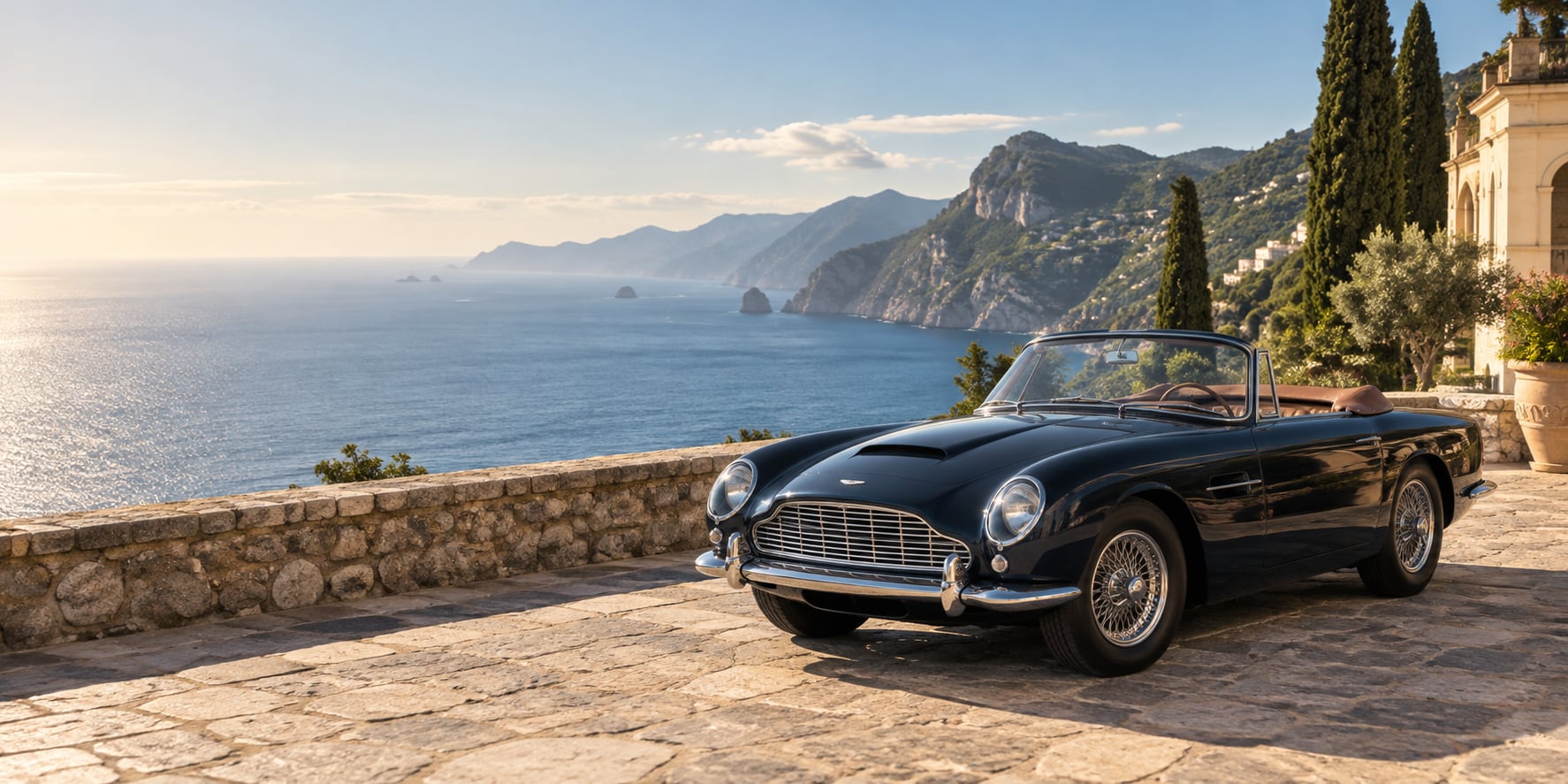Midnight-blue grand touring roadster overlooking the Mediterranean coast